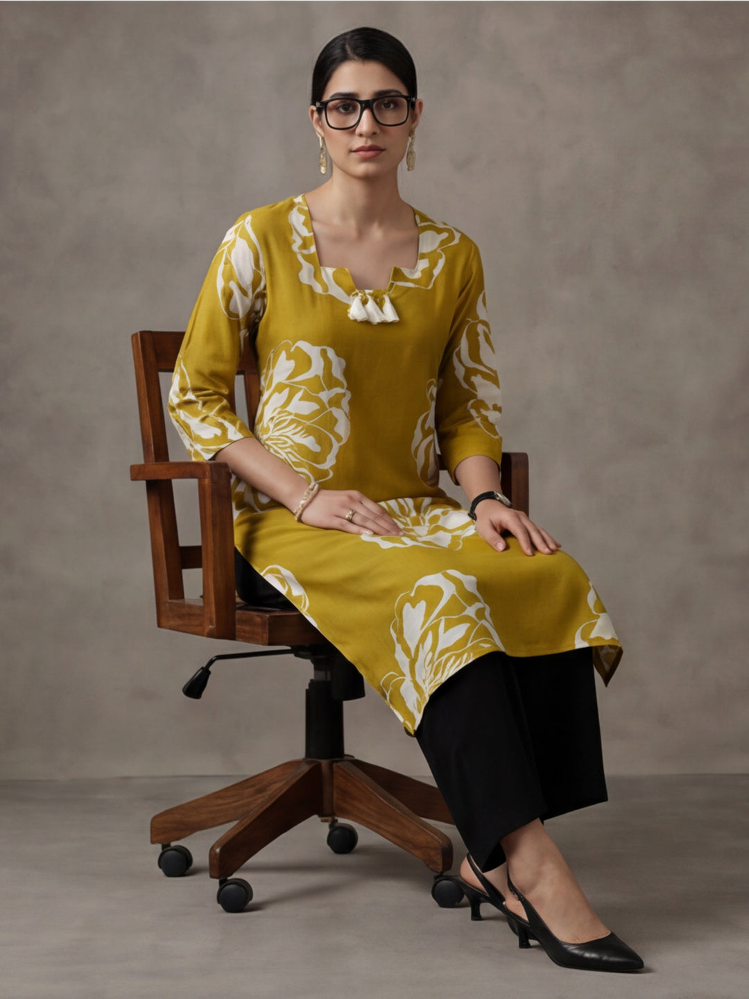 Jaipur Kurti Women's Floral Embroidered Straight Kurta Cotton Yellow