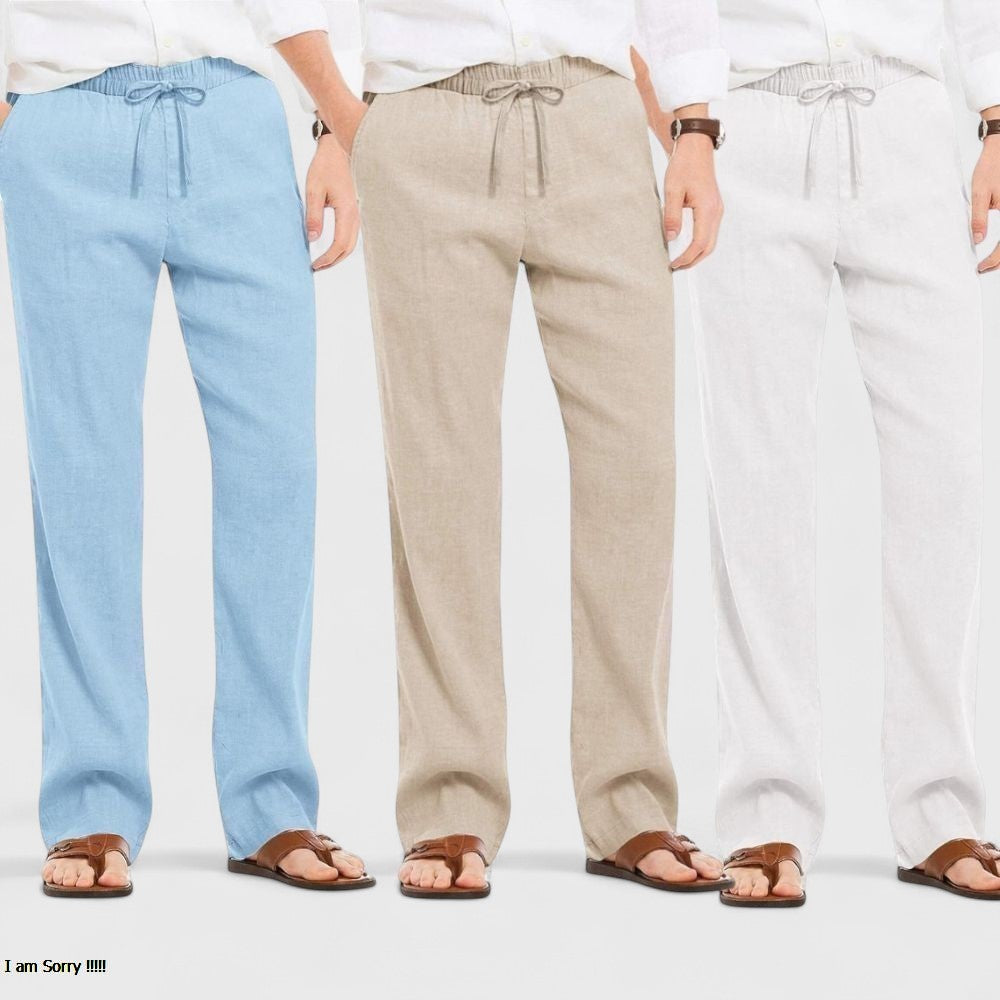 Men's Linen Blend Loose Fit Pant Combo White Light Beige Blue