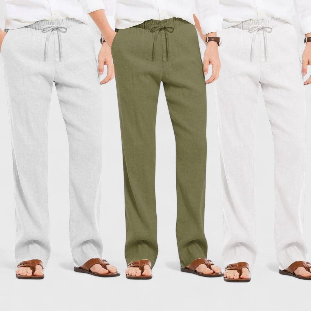 Men's Linen Blend Loose Fit Pant Combo White Olive Green Light Gray