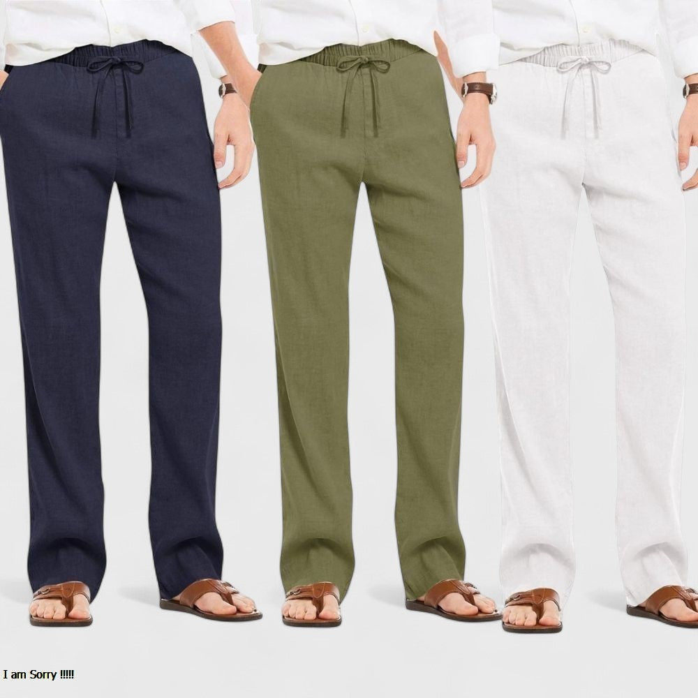 Men's Linen Blend Loose Fit Pant Combo White Olive Green Navy Blue