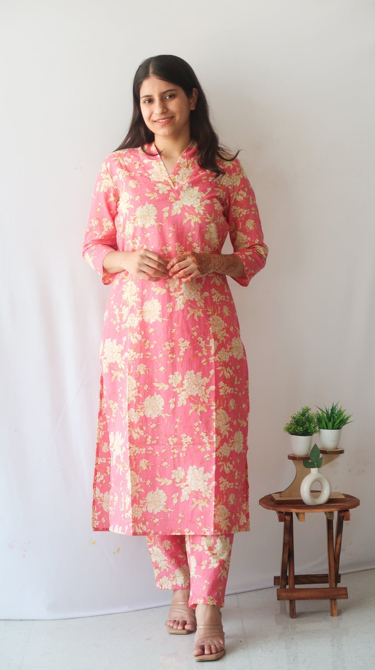 Springtime Pink Delight V-Neck Suit Set