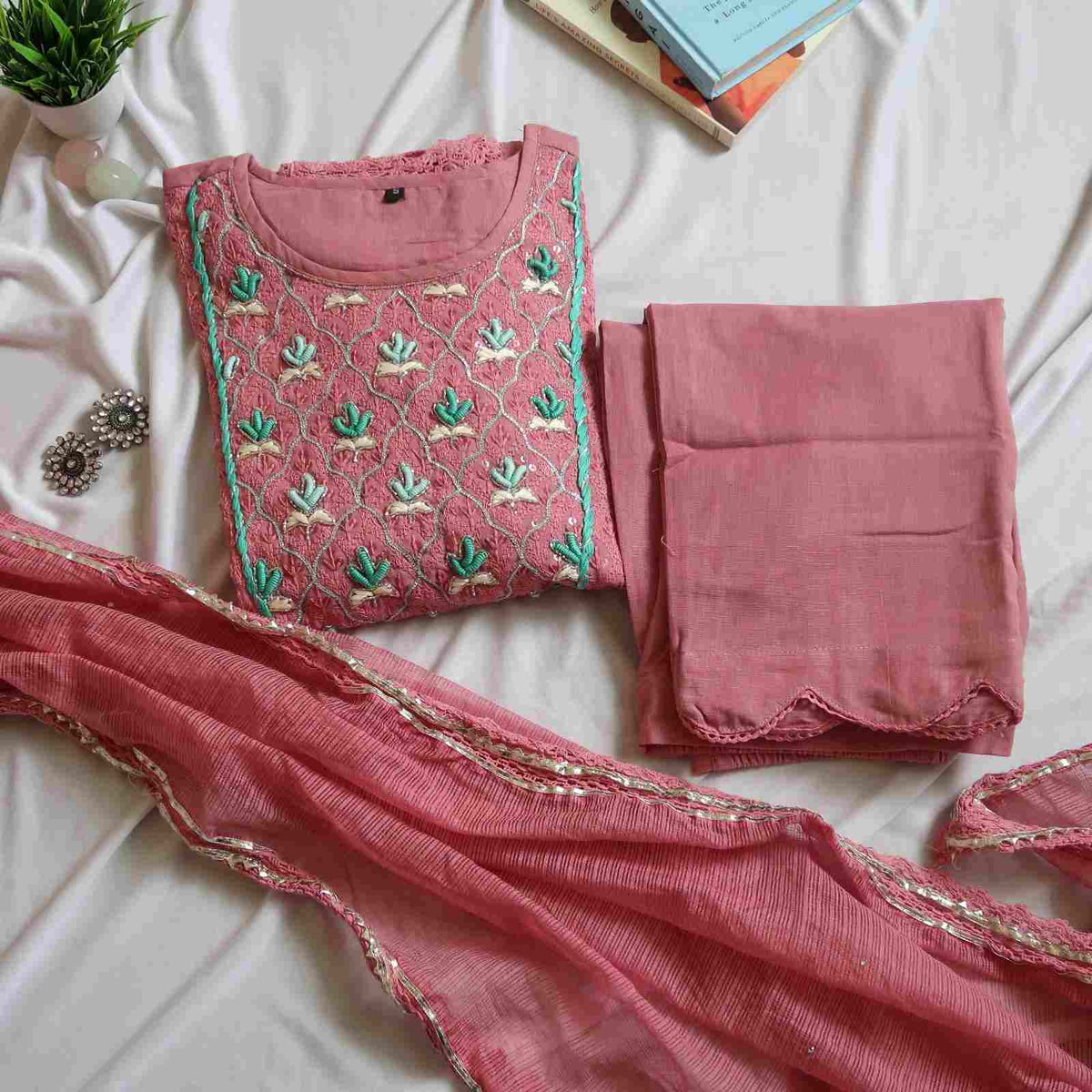 SALE: Onion Pink Handwork Romance Suit (3 piece)