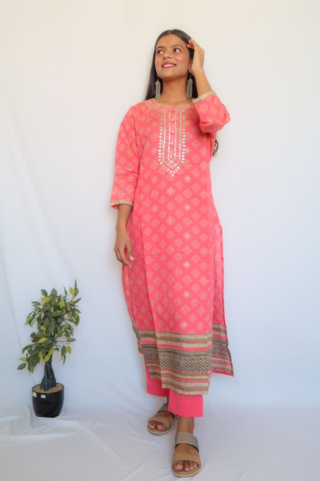 SALE: Carnation Pink Handwork Suit Set