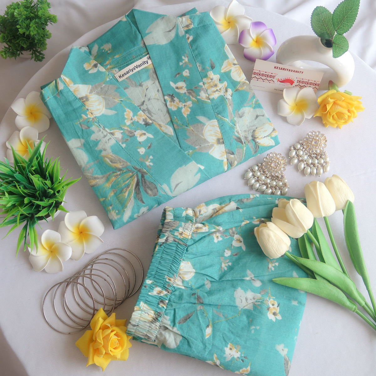 Turquoise Garden V-Neck Suit Set