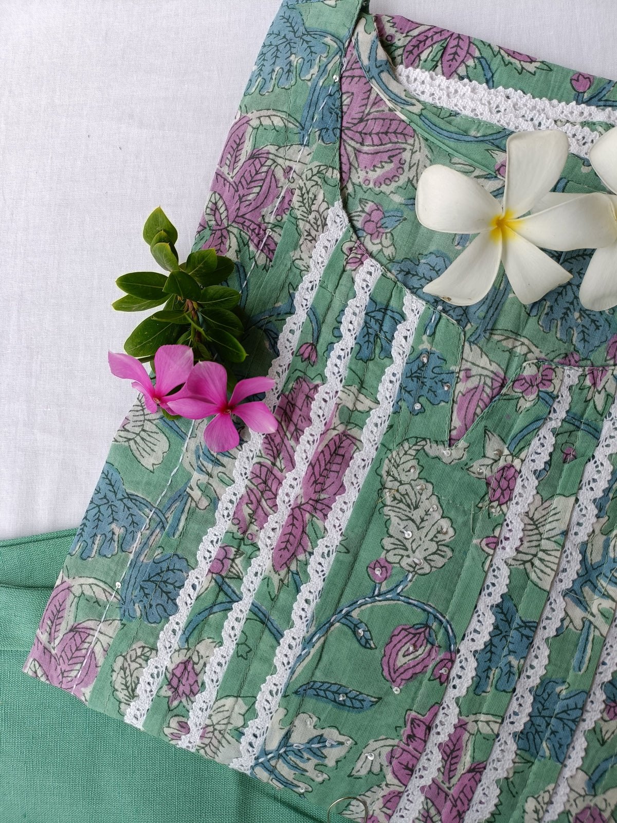 Sea Green Flaura Laced Kurta Set(2pc) - S
