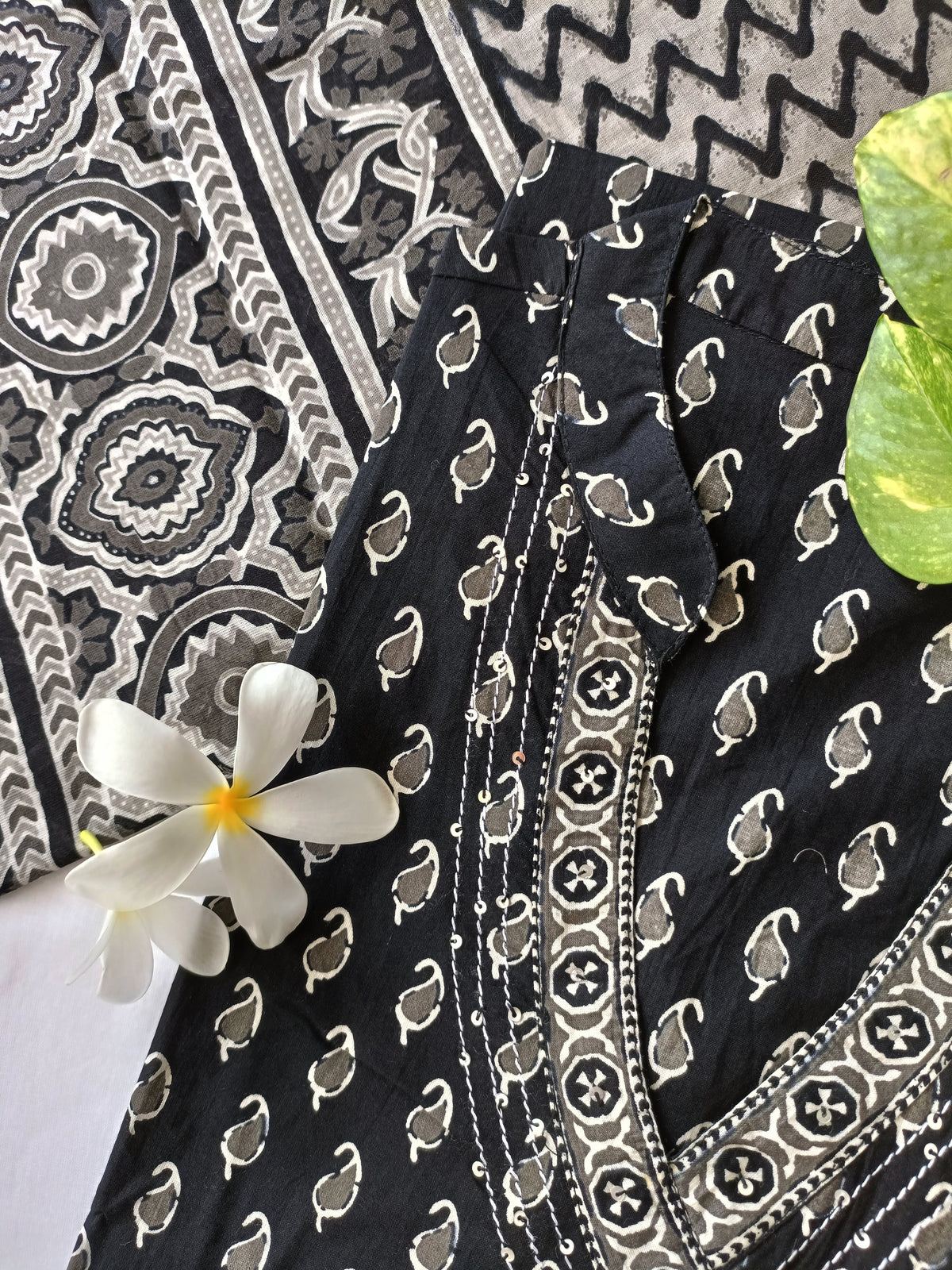 Black Bagru Hand Block Pritned Angrakha Kurta Set(3pc)