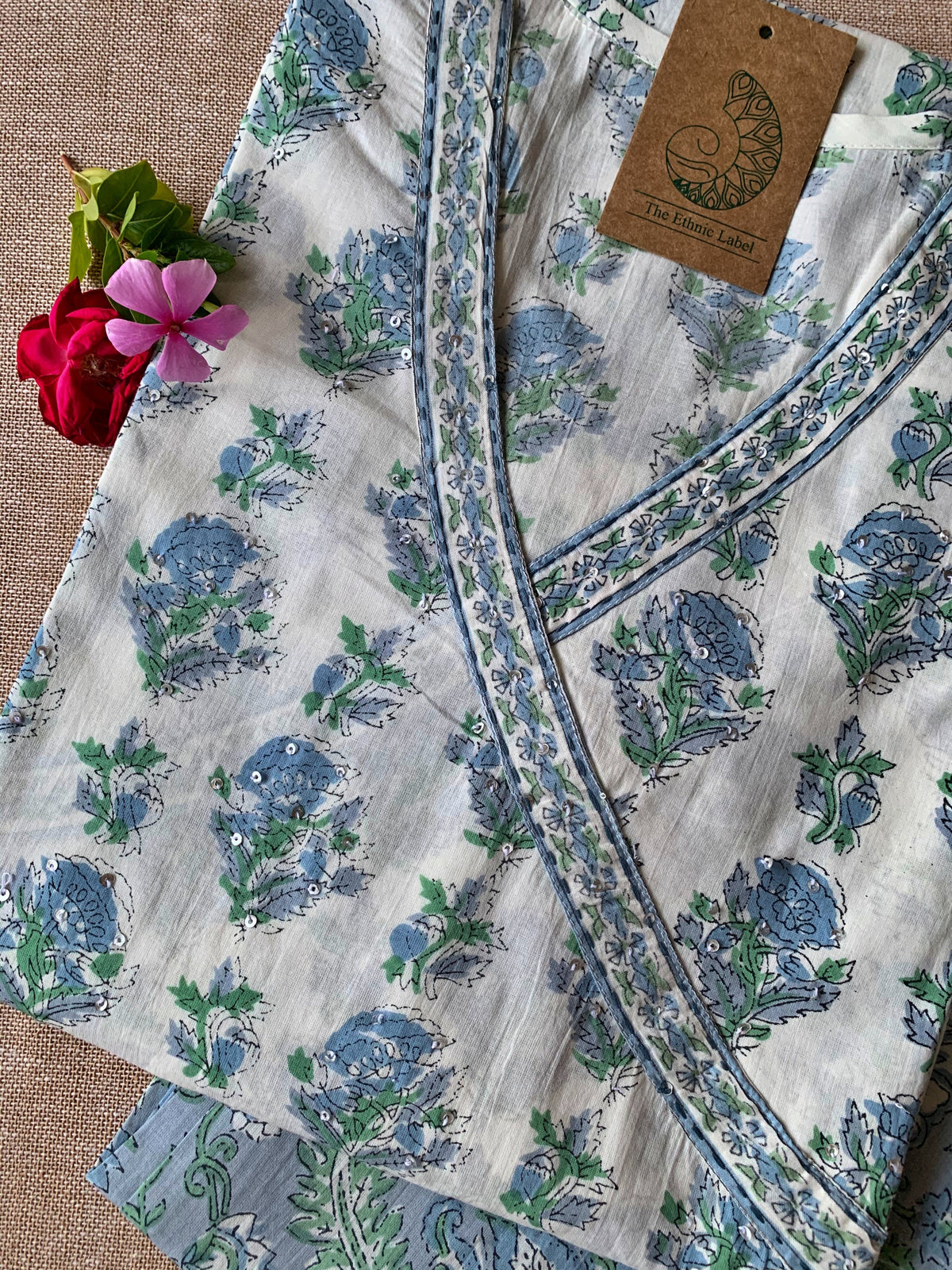 White Blue "Aasman" Angrakha Cotton Kurta Set - 2 pc