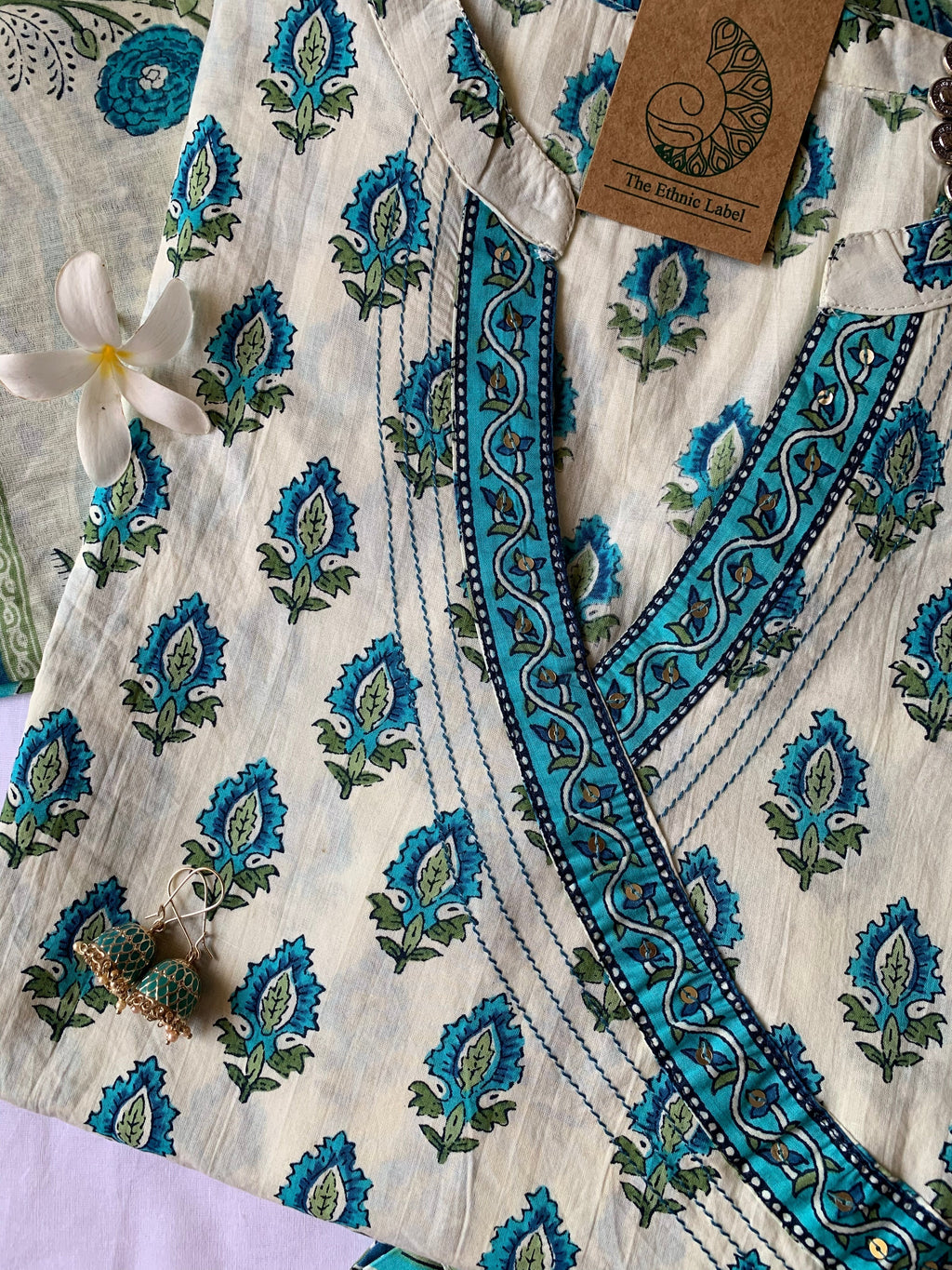 Firozi Boota Angrakha Cotton Kurta Set with dupatta - 3 pc