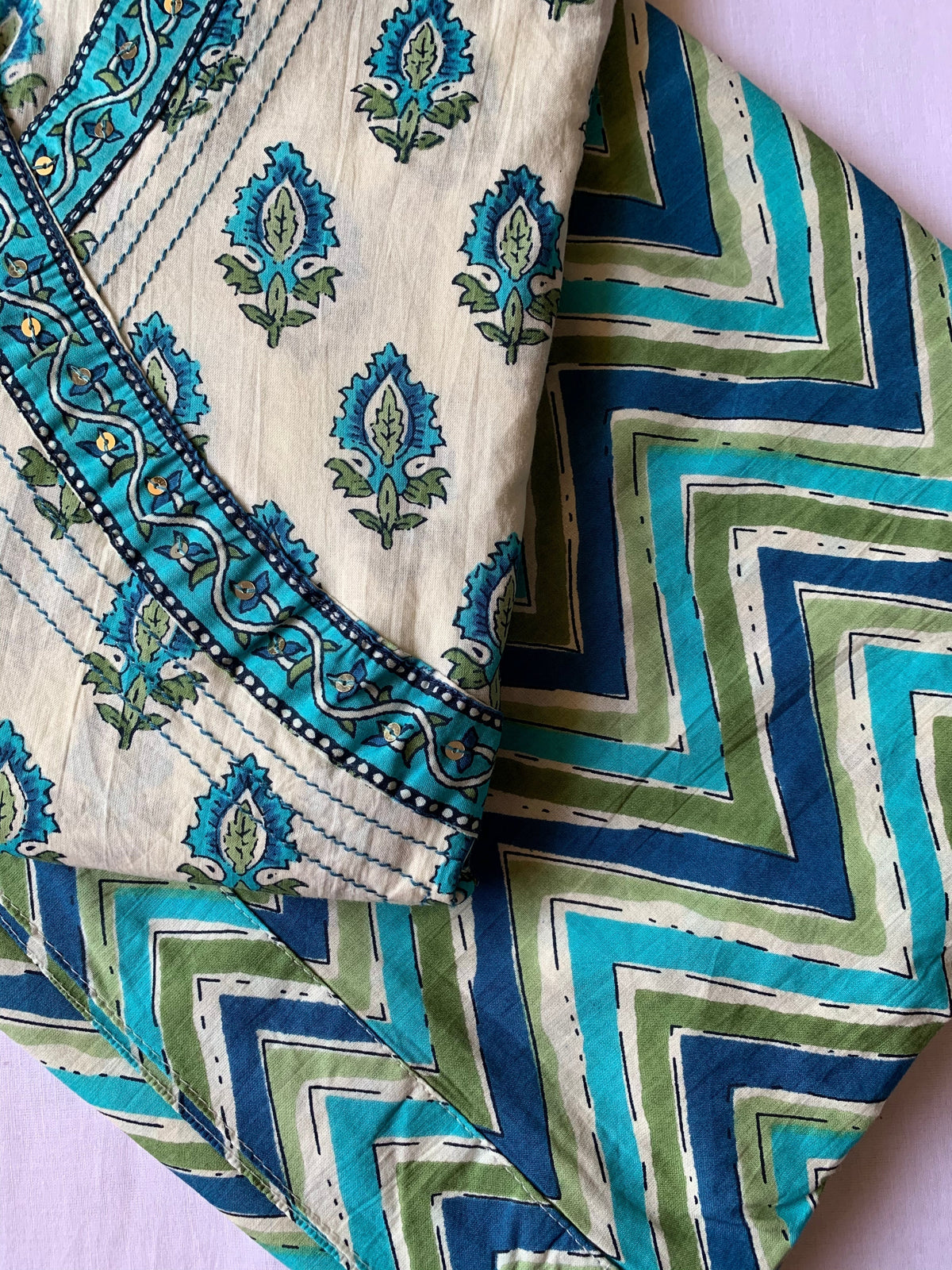 Firozi Boota Angrakha Cotton Kurta Set with dupatta - 3 pc