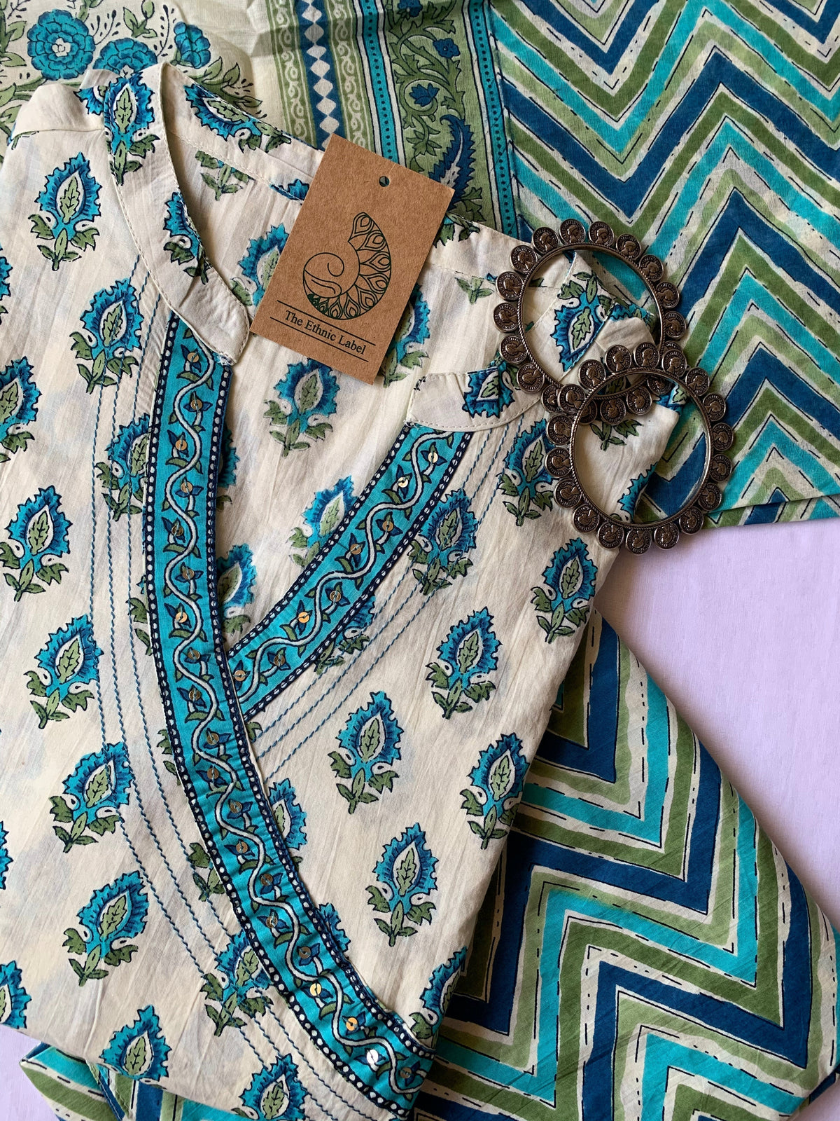 Firozi Boota Angrakha Cotton Kurta Set with dupatta - 3 pc