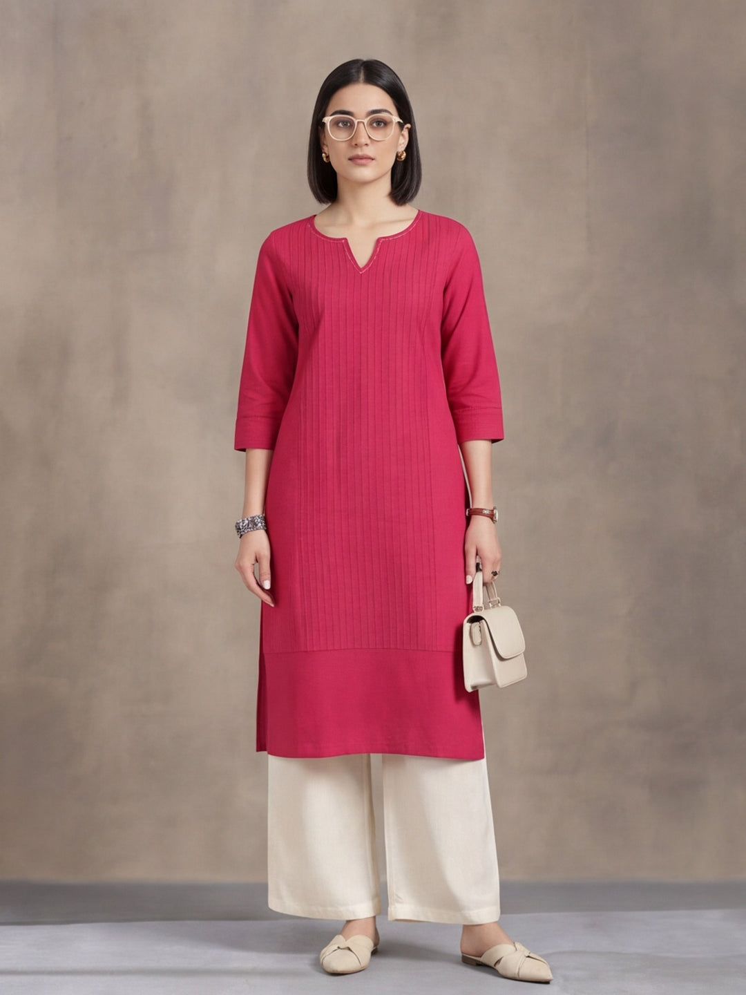 Jaipur Kurti Women's Solid Straight Pure Cotton Kurta Fuchsia