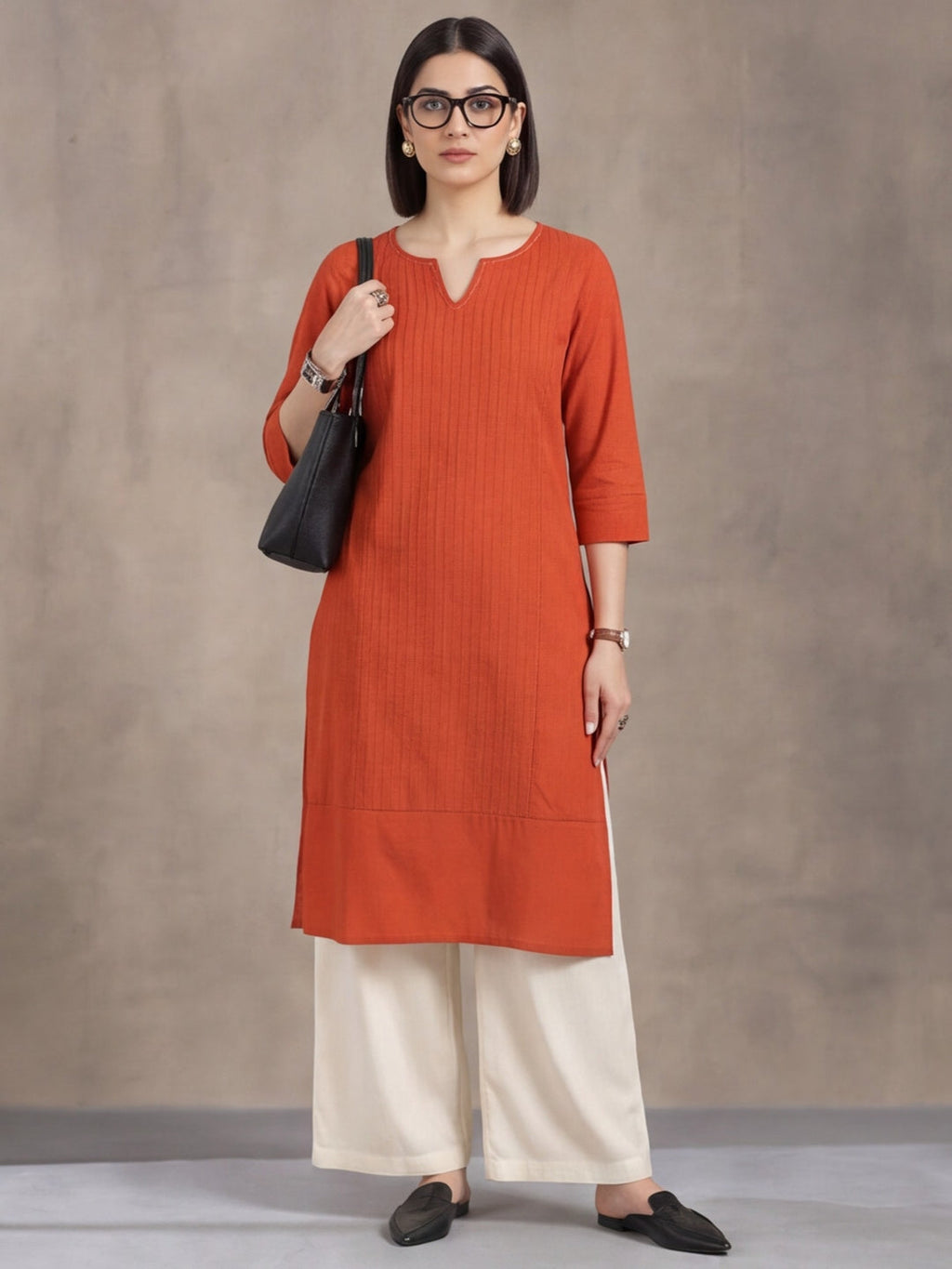 Jaipur Kurti Women's Solid Straight Pure Cotton Kurta Rust
