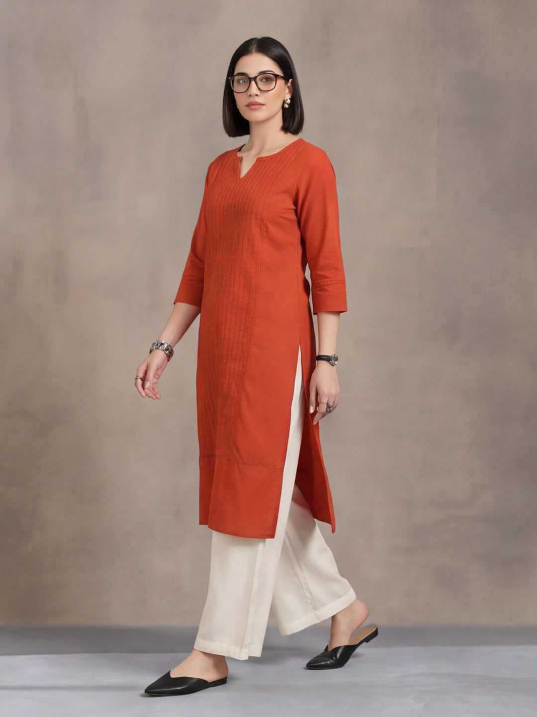 Jaipur Kurti Women's Solid Straight Pure Cotton Kurta Rust