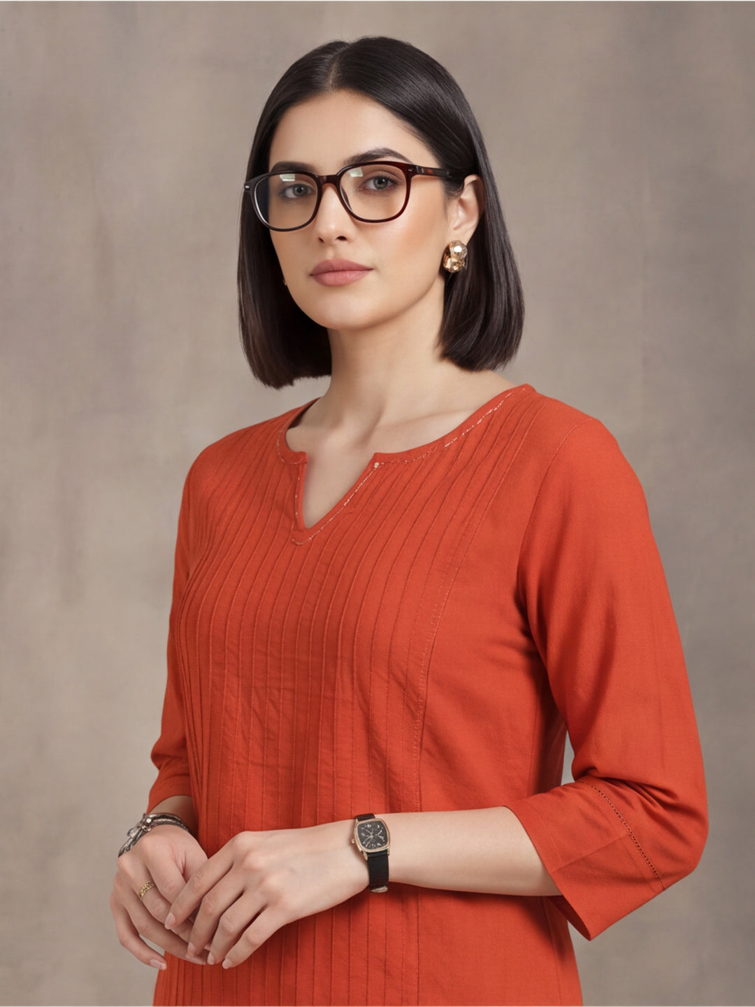 Jaipur Kurti Women's Solid Straight Pure Cotton Kurta Rust