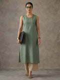 Jaipur Kurti Women's Embroidered Straight Sleeveless Kurta Green