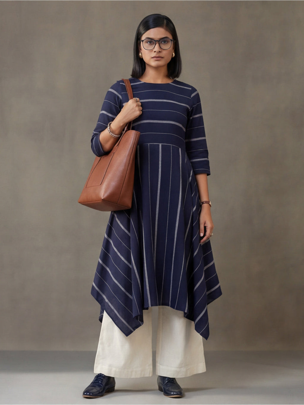 Jaipur Kurti Women's Striped A-Line Cotton Kurta Navy Blue