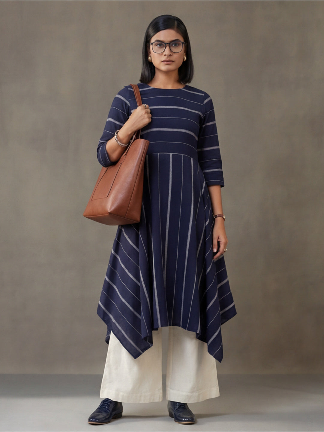 Jaipur Kurti Women's Striped A-Line Cotton Kurta Navy Blue