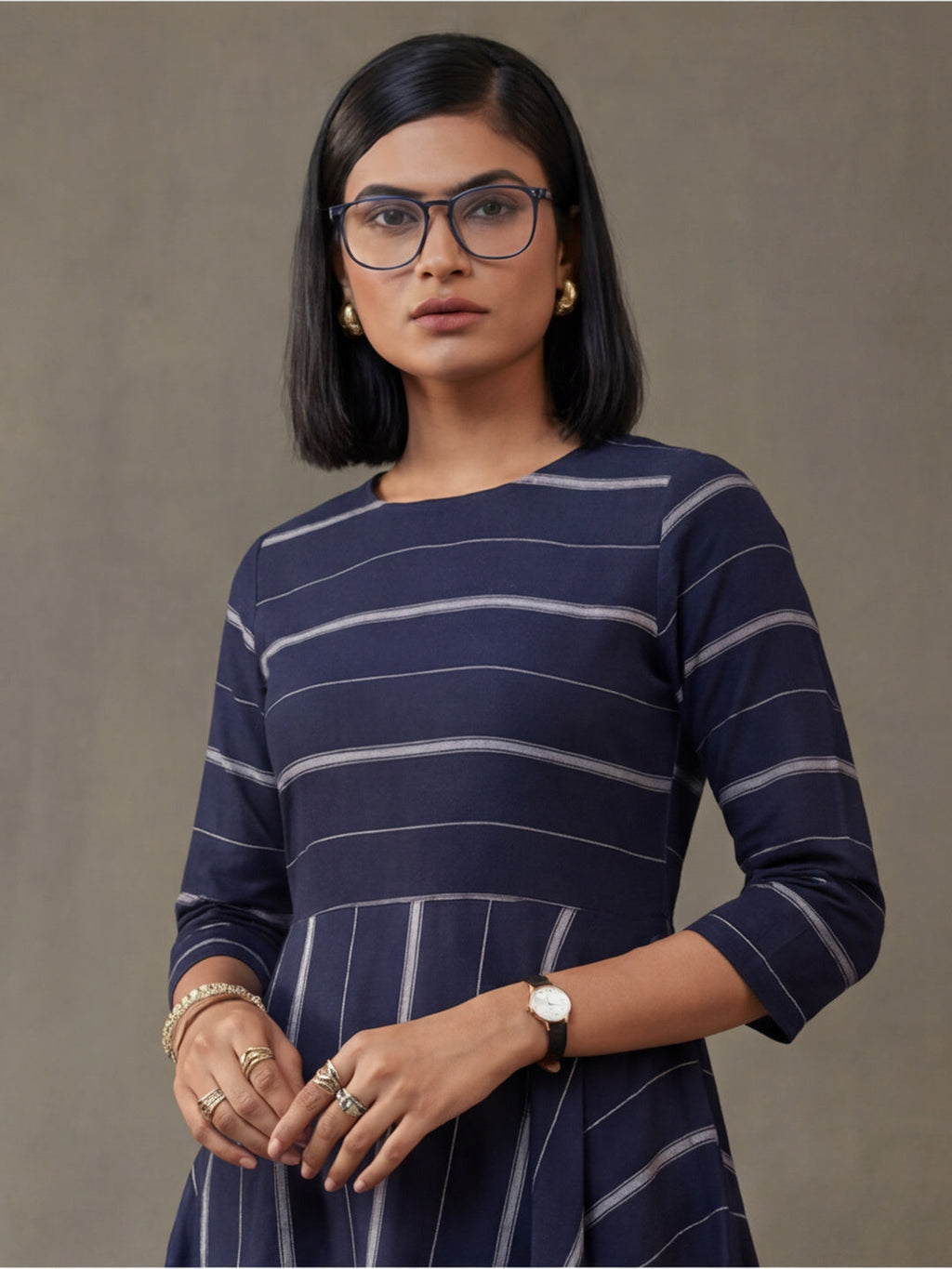 Jaipur Kurti Women's Striped A-Line Cotton Kurta Navy Blue