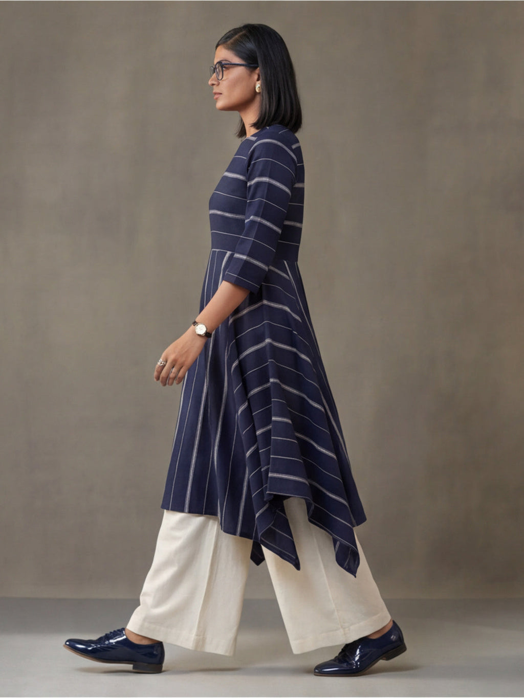 Jaipur Kurti Women's Striped A-Line Cotton Kurta Navy Blue