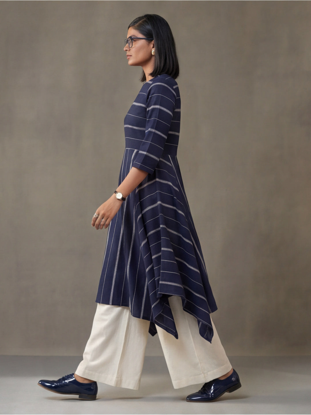 Jaipur Kurti Women's Striped A-Line Cotton Kurta Navy Blue