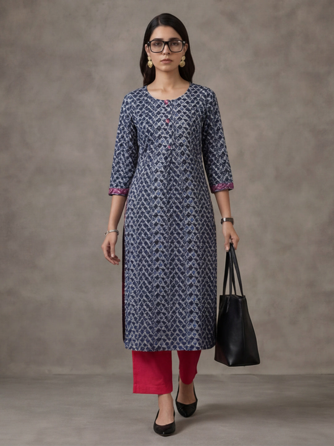 Jaipur Kurti Women's Floral Printed Straight Pure Cotton Kurta Dark Blue