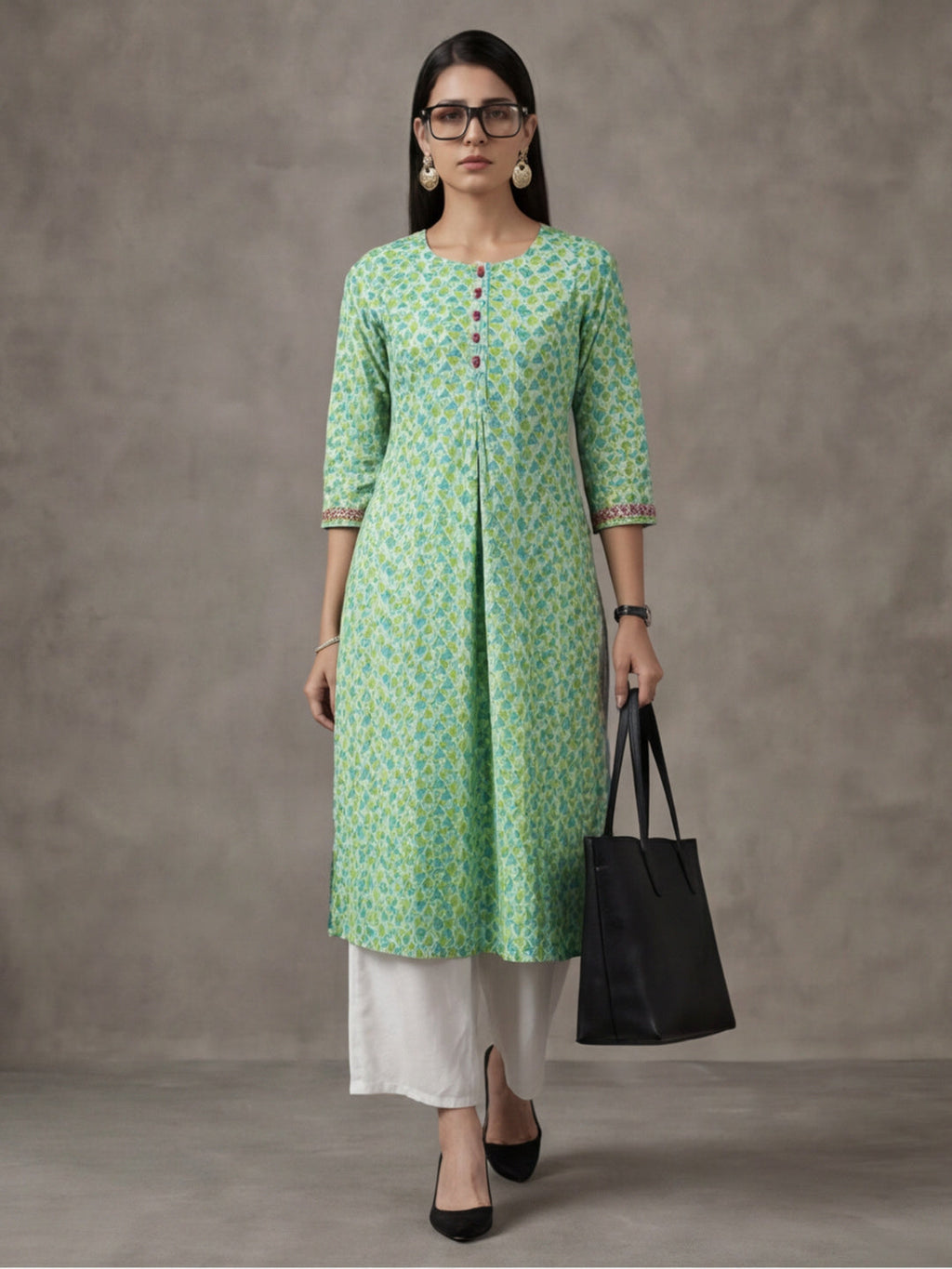 Jaipur Kurti Women's Floral Printed Straight Pure Cotton Kurta Green