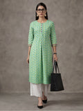Jaipur Kurti Women's Floral Printed Straight Pure Cotton Kurta Green