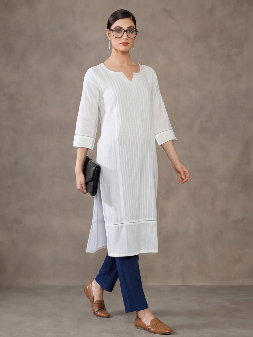 Jaipur Kurti Women's Pin Tucks Straight Cotton Kurta White