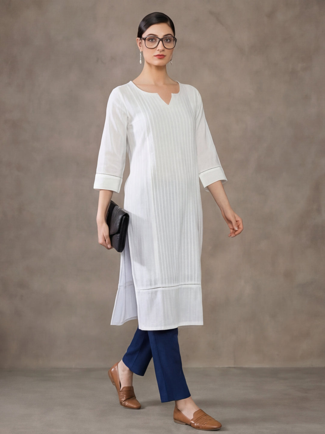 Jaipur Kurti Women's Pin Tucks Straight Cotton Kurta White