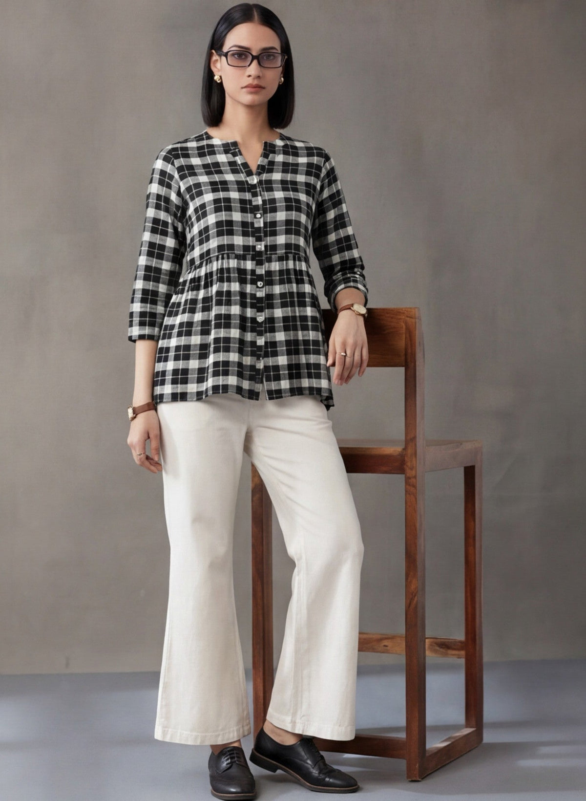 Jaipur Kurti Women's Checked Gathered Cotton Kurti Black & White