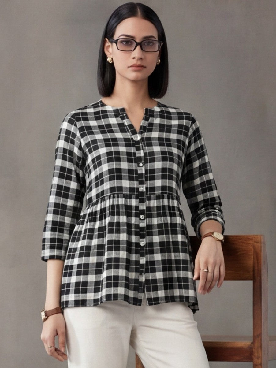 Jaipur Kurti Women's Checked Gathered Cotton Kurti Black & White