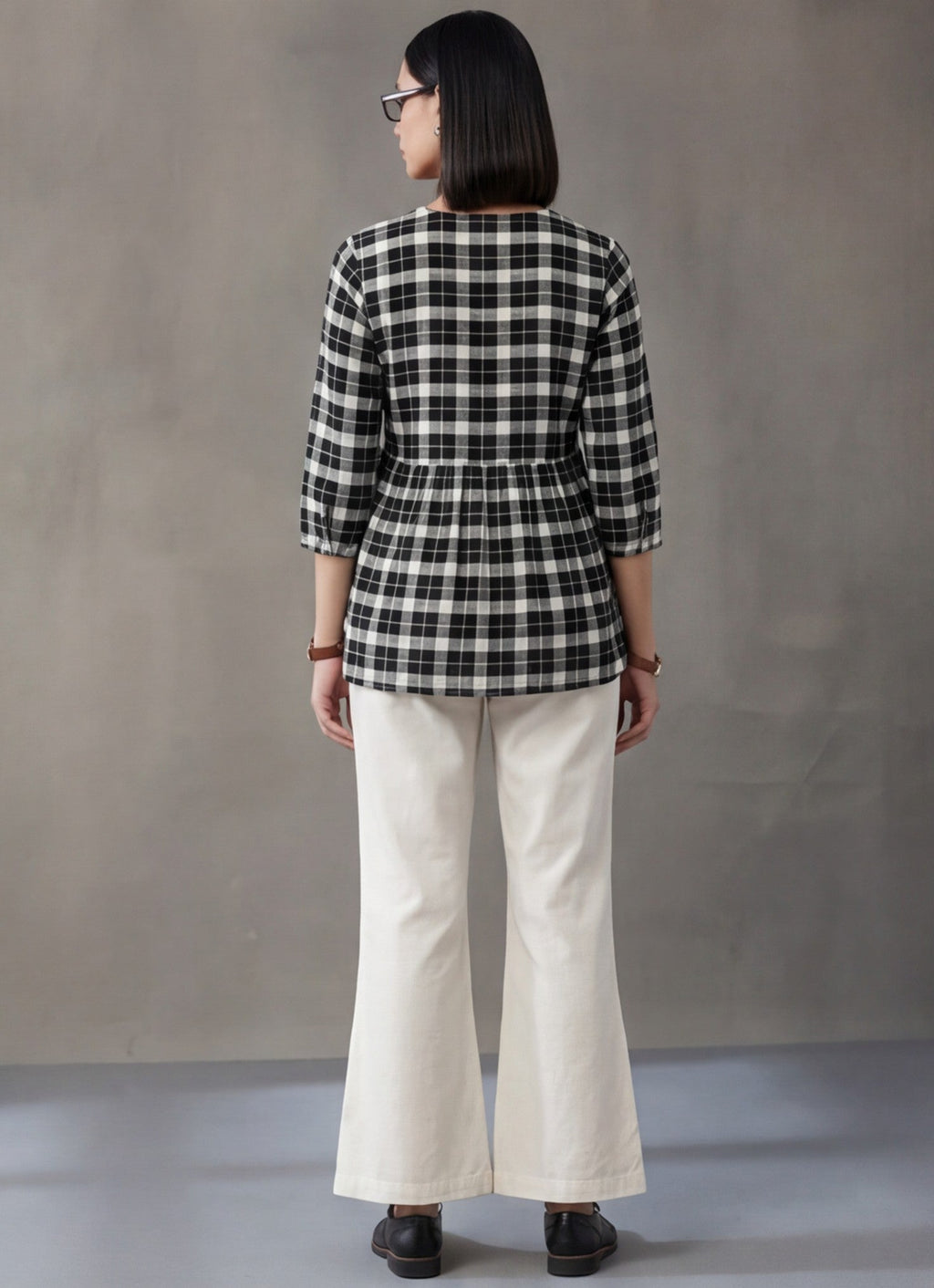 Jaipur Kurti Women's Checked Gathered Cotton Kurti Black & White