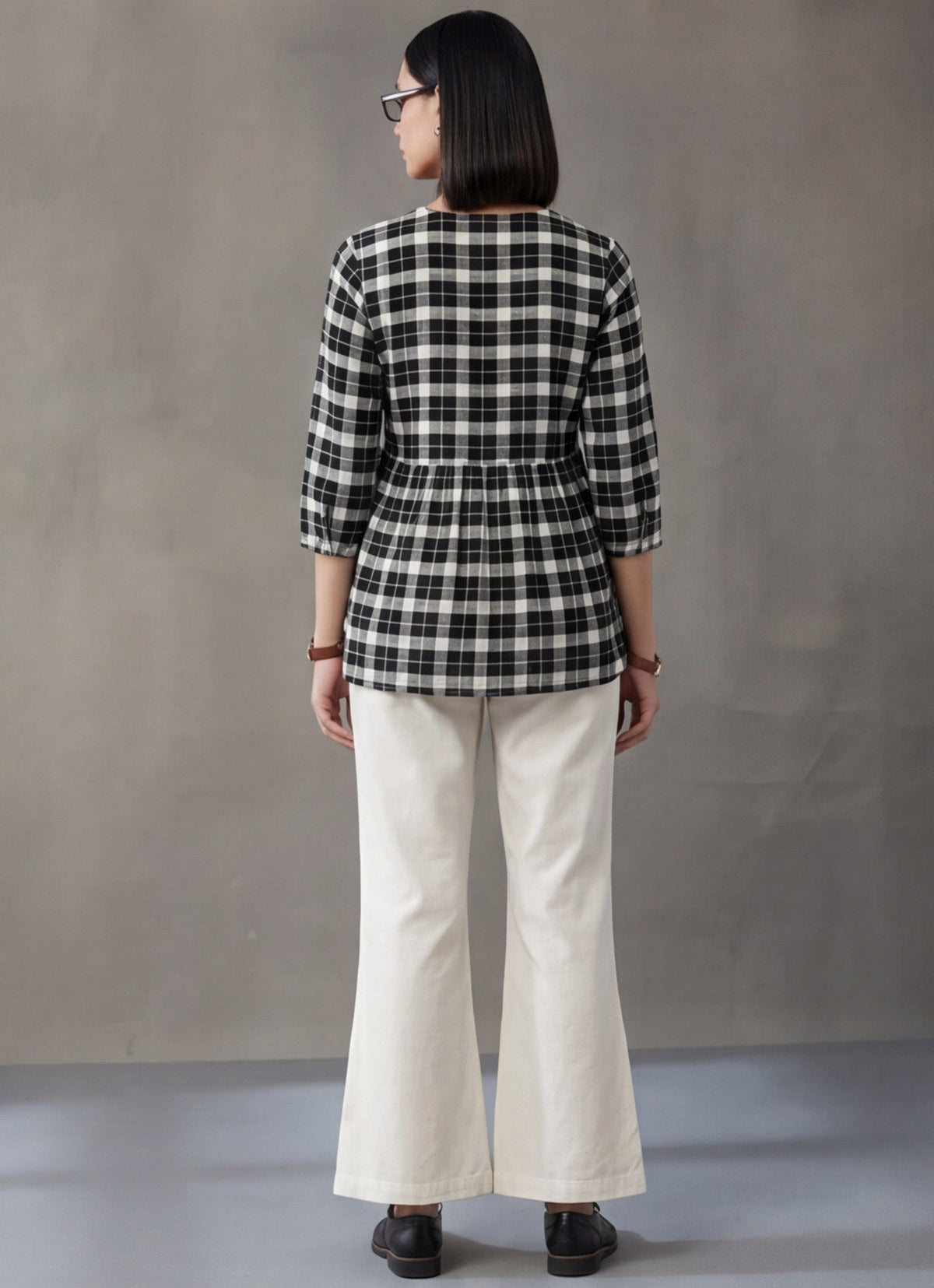 Jaipur Kurti Women's Checked Gathered Cotton Kurti Black & White
