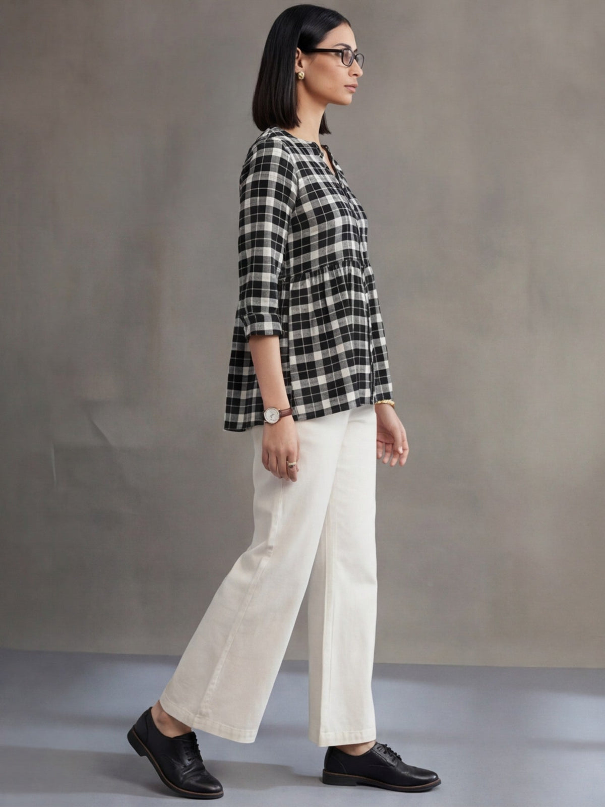 Jaipur Kurti Women's Checked Gathered Cotton Kurti Black & White