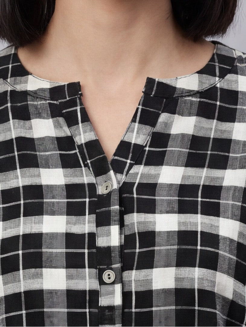 Jaipur Kurti Women's Checked Gathered Cotton Kurti Black & White