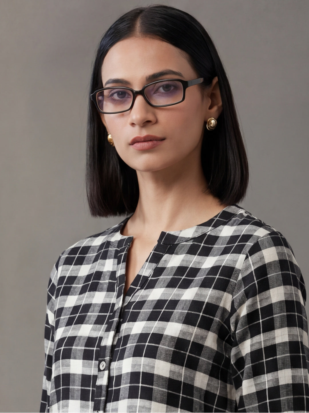 Jaipur Kurti Women's Checked Gathered Cotton Kurti Black & White