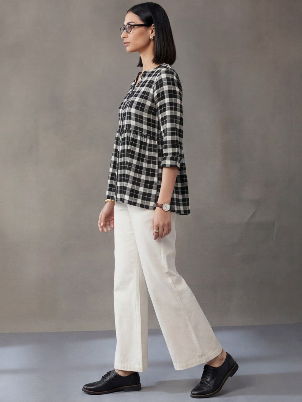 Jaipur Kurti Women's Checked Gathered Cotton Kurti Black & White