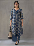 Jaipur Kurti Women's Floral Embroidered Straight Pure Cotton Kurta Navy Blue