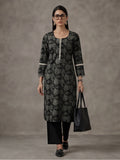 Jaipur Kurti Women's Floral Embroidered Straight Pure Cotton Kurta Black