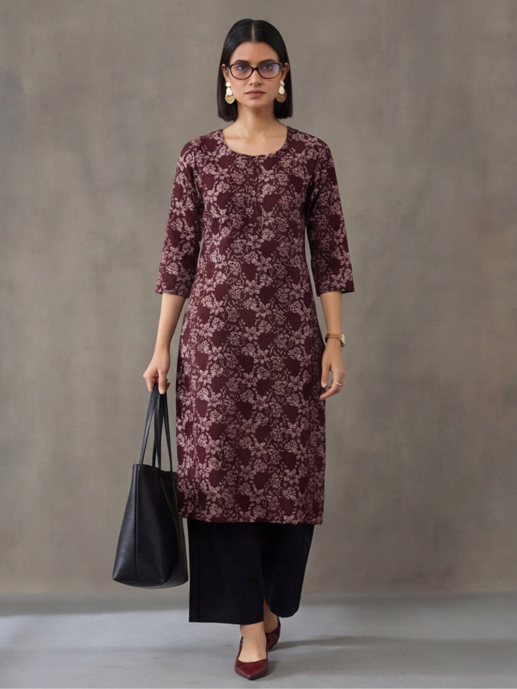 Jaipur Kurti Women's Floral Printed Straight Pure Cotton Kurta Maroon
