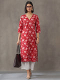 Jaipur Kurti Women's Floral Printed Straight Pure Cotton Kurta Red