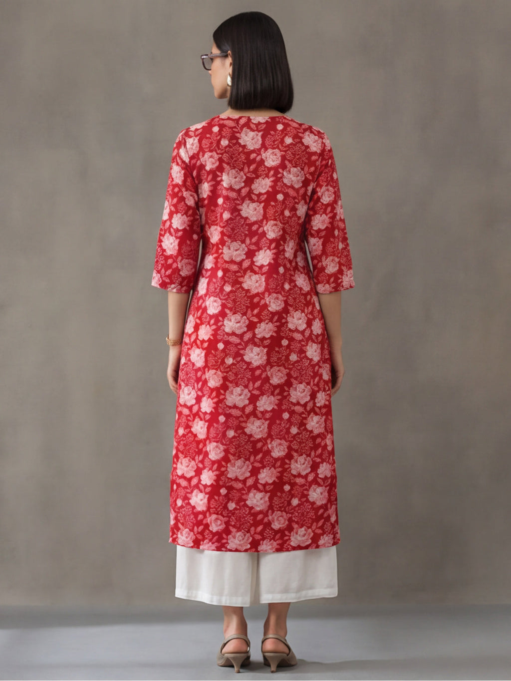 Jaipur Kurti Women's Floral Printed Straight Pure Cotton Kurta Red