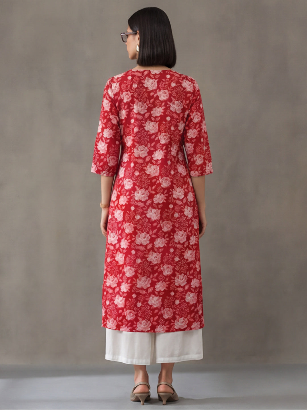 Jaipur Kurti Women's Floral Printed Straight Pure Cotton Kurta Red