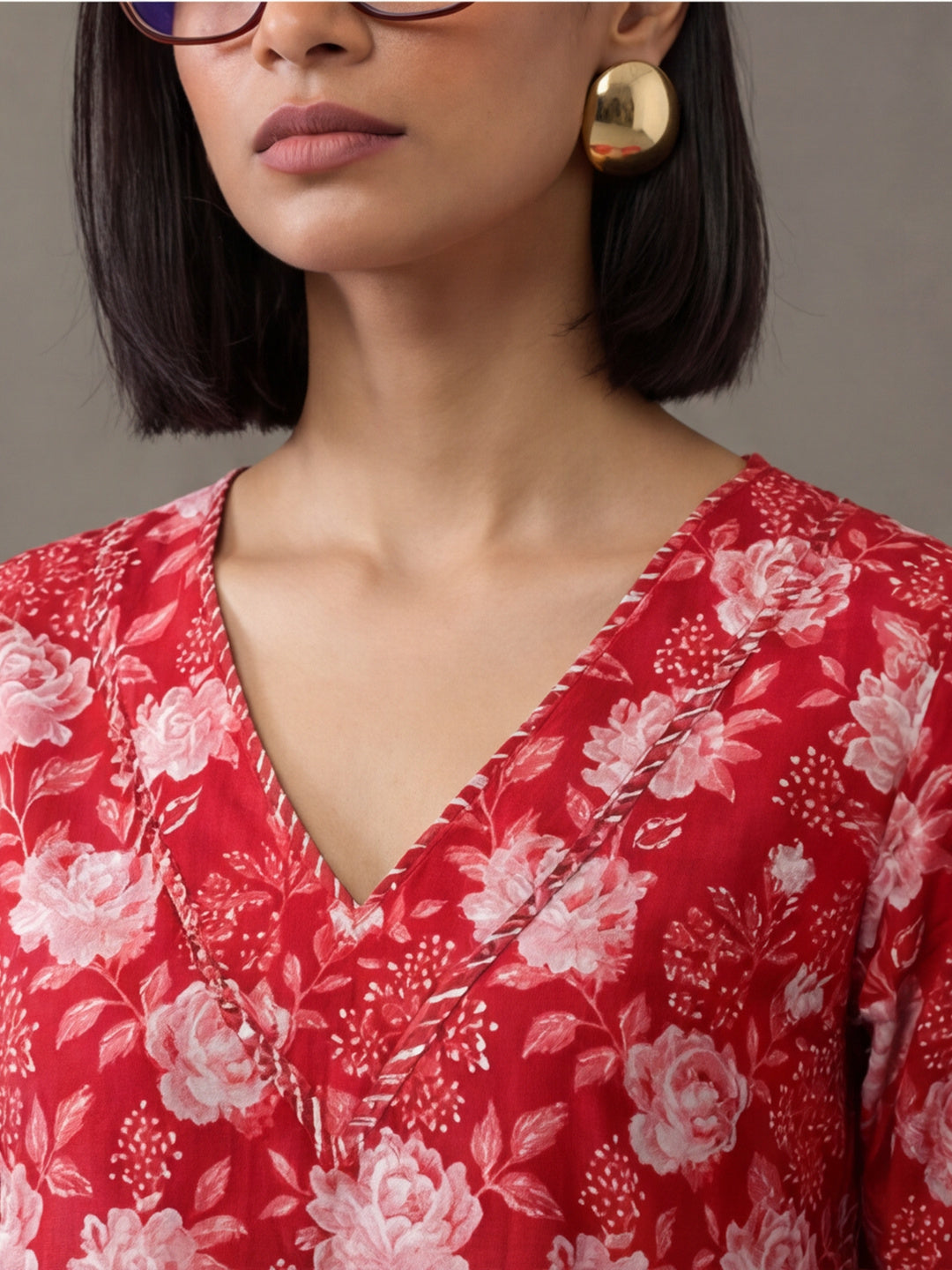 Jaipur Kurti Women's Floral Printed Straight Pure Cotton Kurta Red