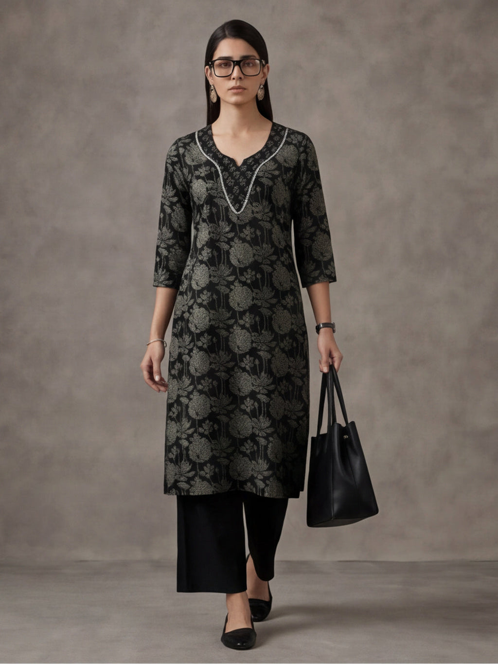 Jaipur Kurti Women's Floral Embroidered Straight Pure Cotton Kurta Black