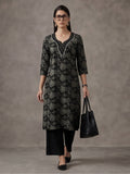 Jaipur Kurti Women's Floral Embroidered Straight Pure Cotton Kurta Black