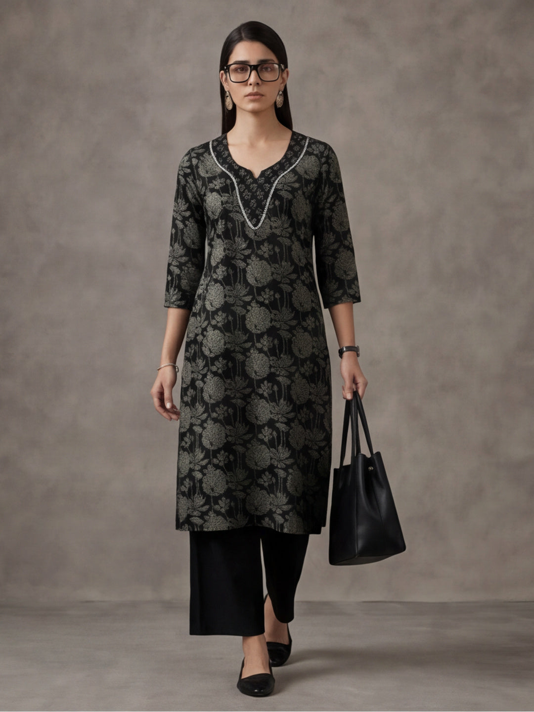Jaipur Kurti Women's Floral Embroidered Straight Pure Cotton Kurta Black