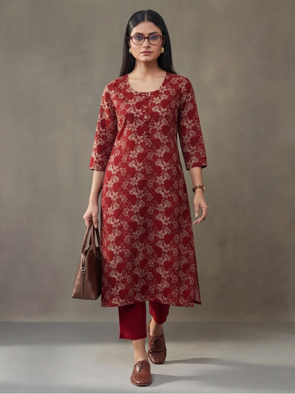 Jaipur Kurti Women's Floral Printed Straight Pure Cotton Kurta Red