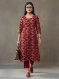 Jaipur Kurti Women's Floral Printed Straight Pure Cotton Kurta Red