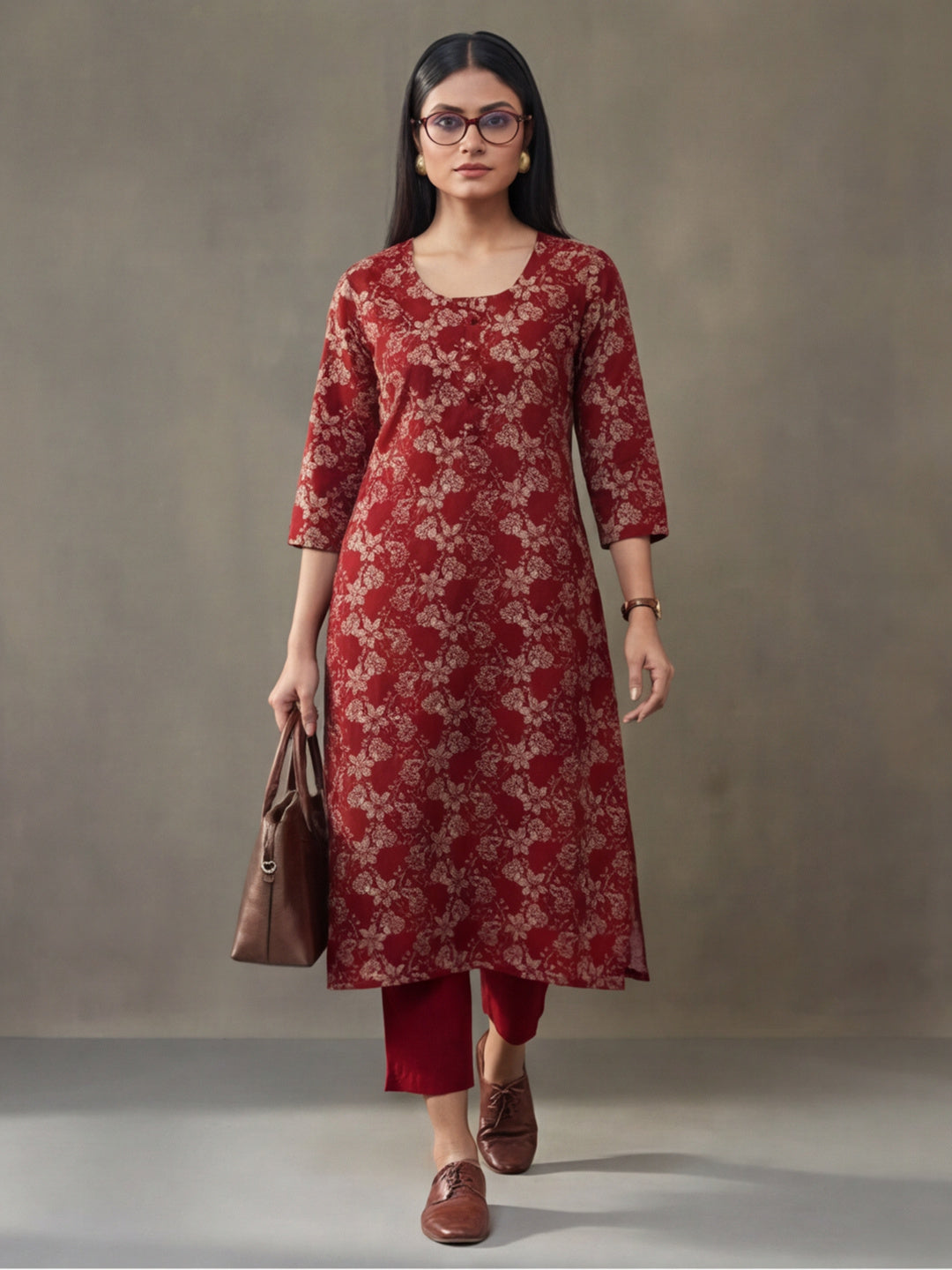 Jaipur Kurti Women's Floral Printed Straight Pure Cotton Kurta Red